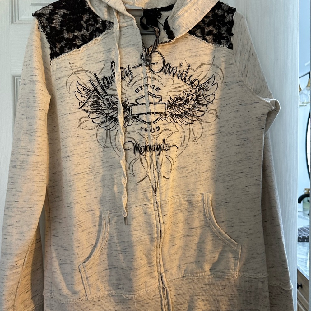 Harley-Davidson Women's Cream Hoodie with Black Lace